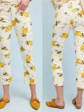 White Cropped Floral Lemon Print Pants
